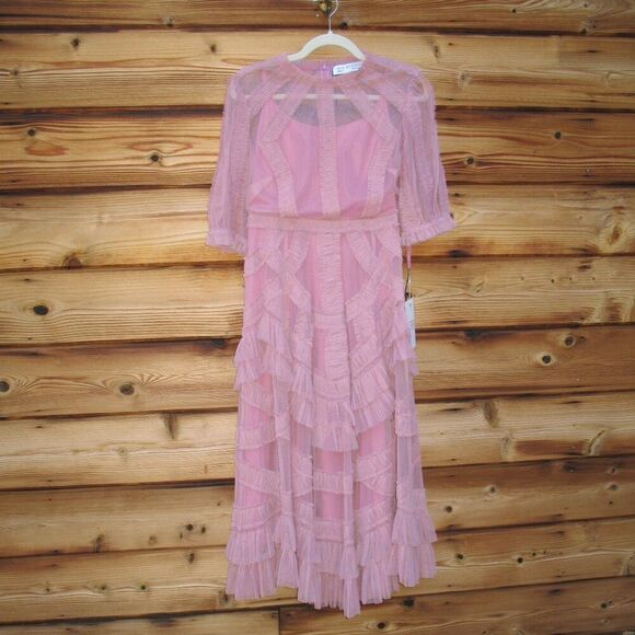 MAC DUGGAL 8058 Pink High Neck Micro Ruffle Tiered Midi Dress - Picture 9 of 16